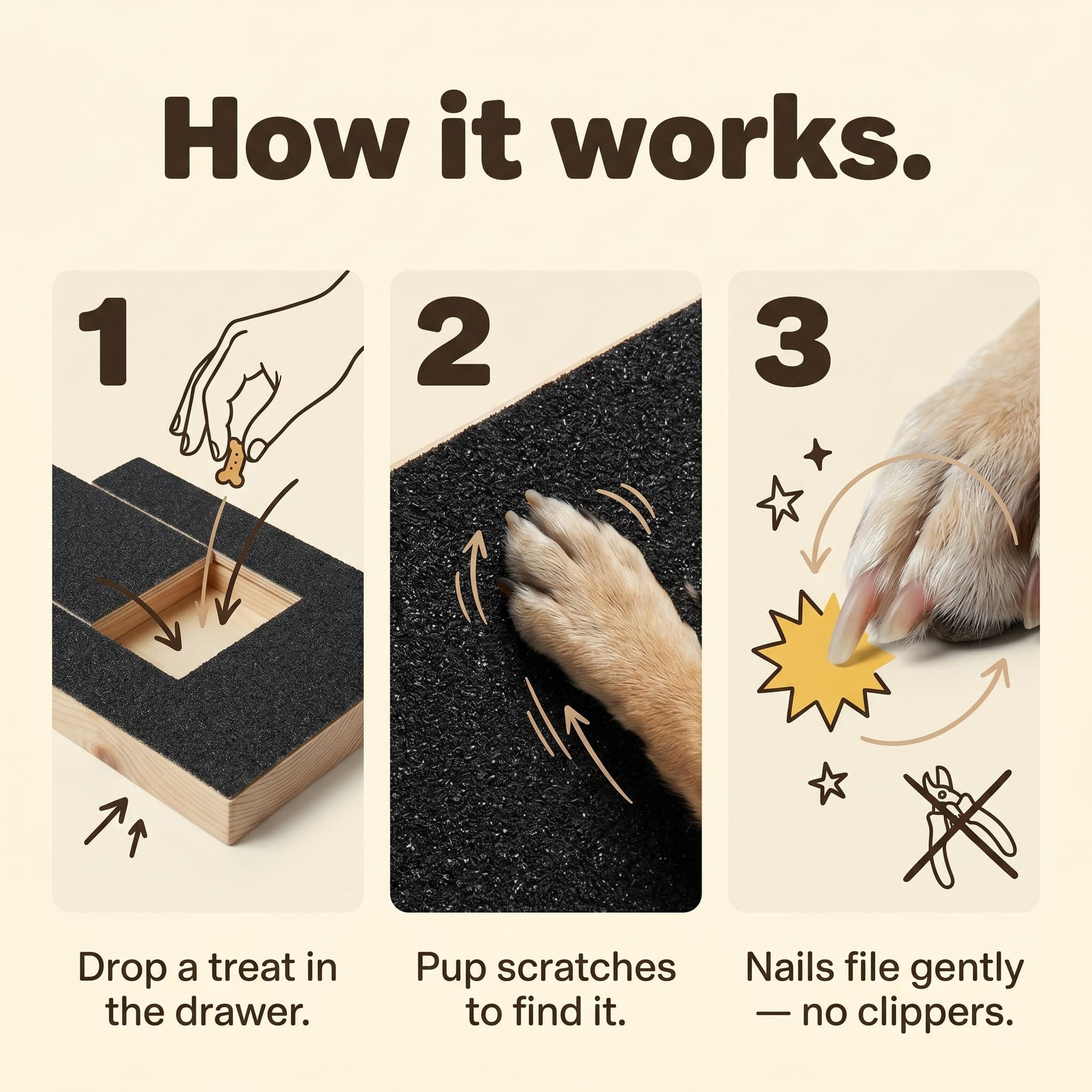 How dog nail scratch board works in 3 steps drop treat scratch file