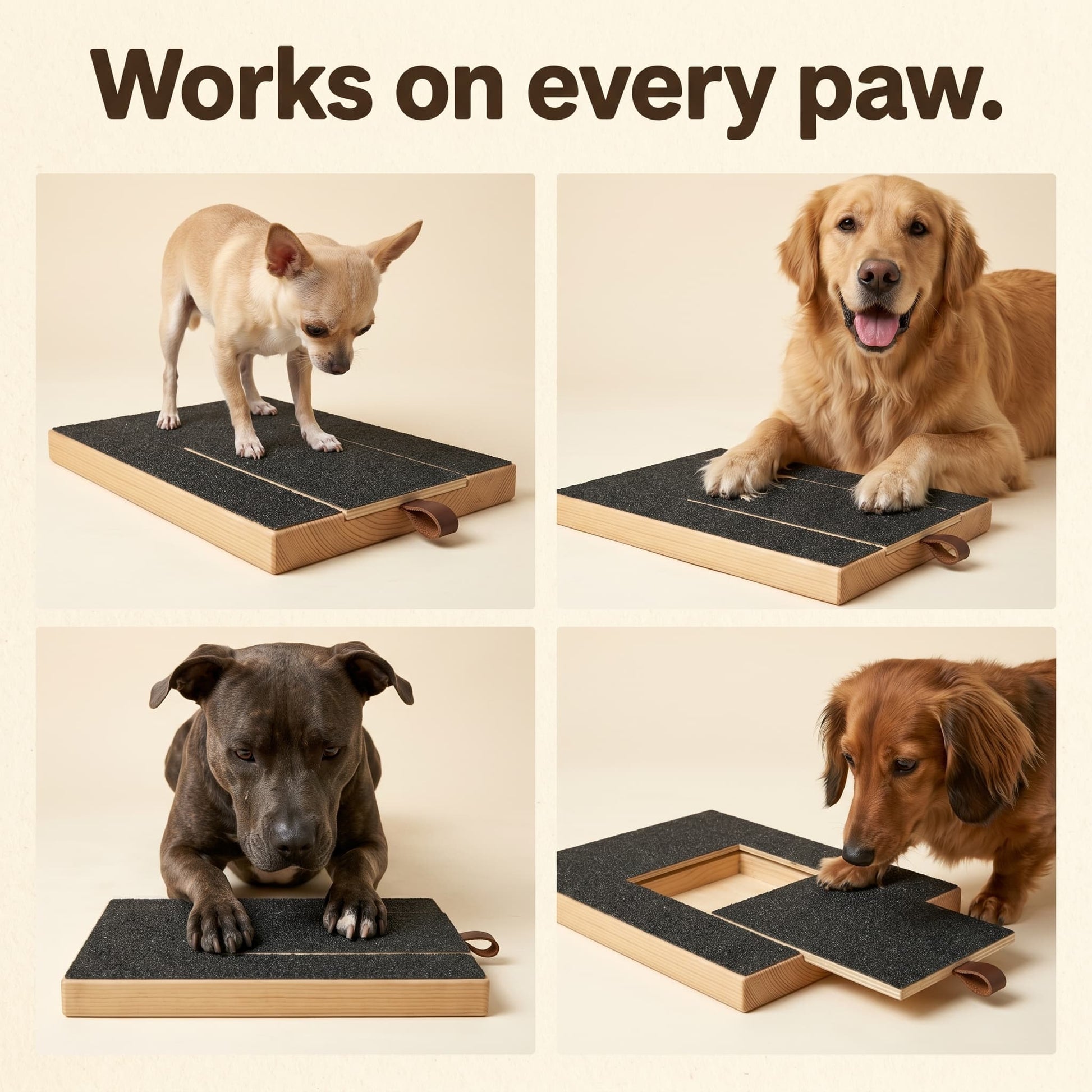 Four dog breeds using nail scratch board Chihuahua Golden Staffy Dachshund