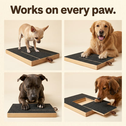 Four dog breeds using nail scratch board Chihuahua Golden Staffy Dachshund