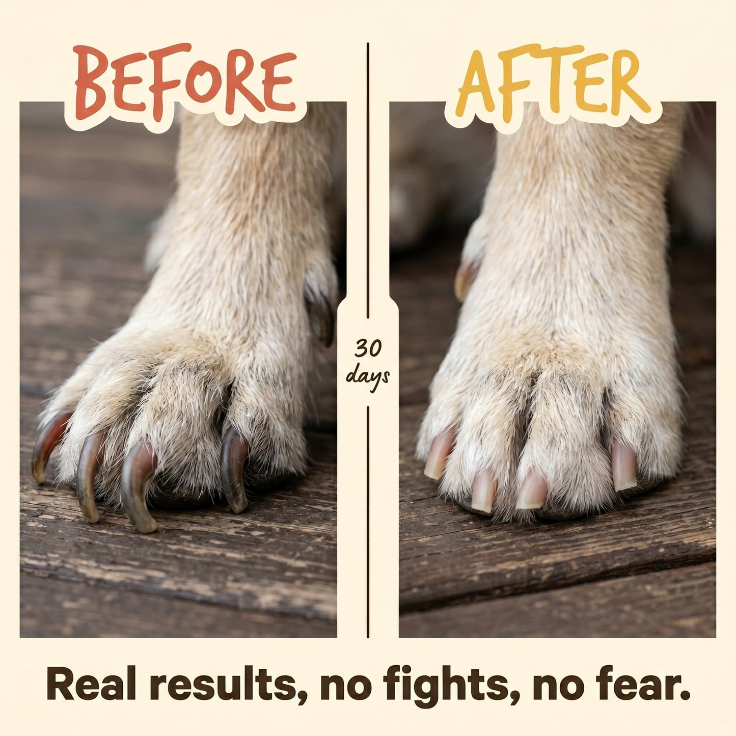 Before and after dog nail trim results 30 days using scratch board