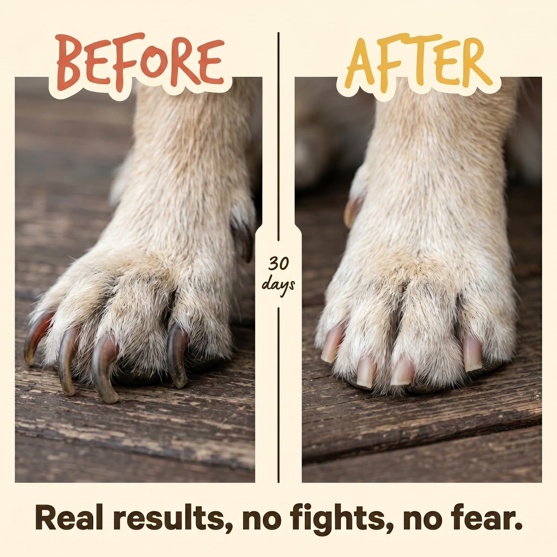 Before and after dog nail trim results 30 days using scratch board