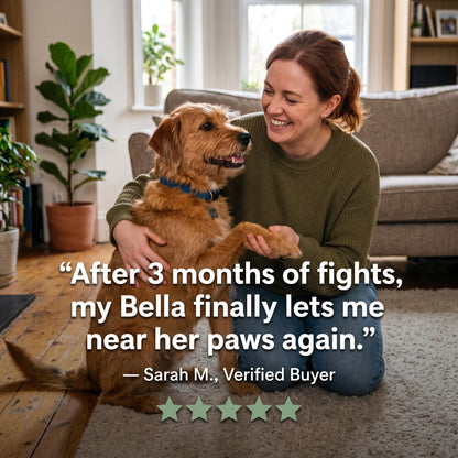 Happy dog owner holding calm dog after stress-free nail trim at home